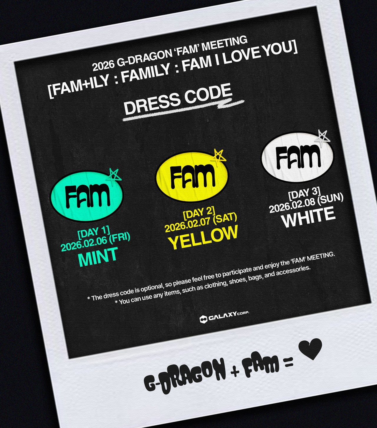 G-dragon FAM+ILYジヨンファンミーティングファンミ 特典 2026 G-DRAGON 'FAM' MEETING [FAM+ILY : FAMILY : FAM I LOVE YOU