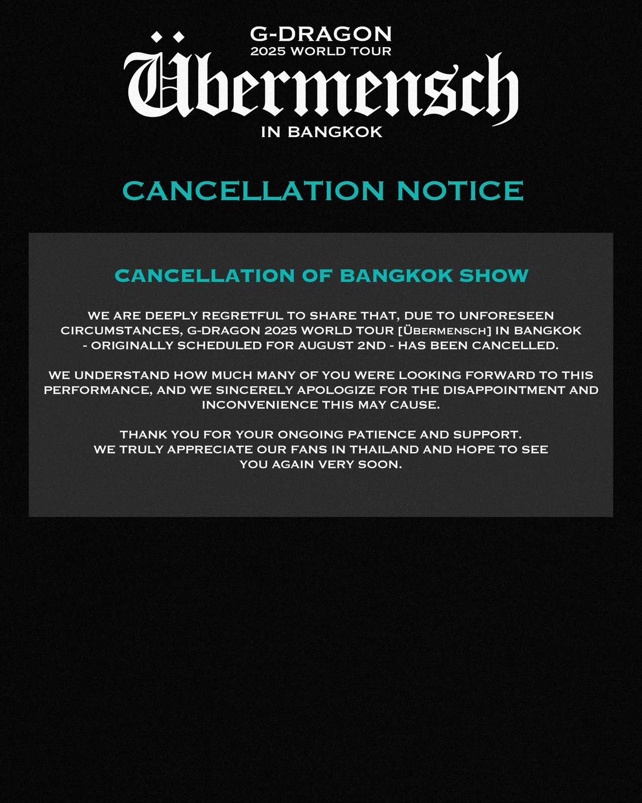 G-DRAGON 2025 WORLD TOUR [Übermensch] IN BANGKOK CANCELLATION NOTICE