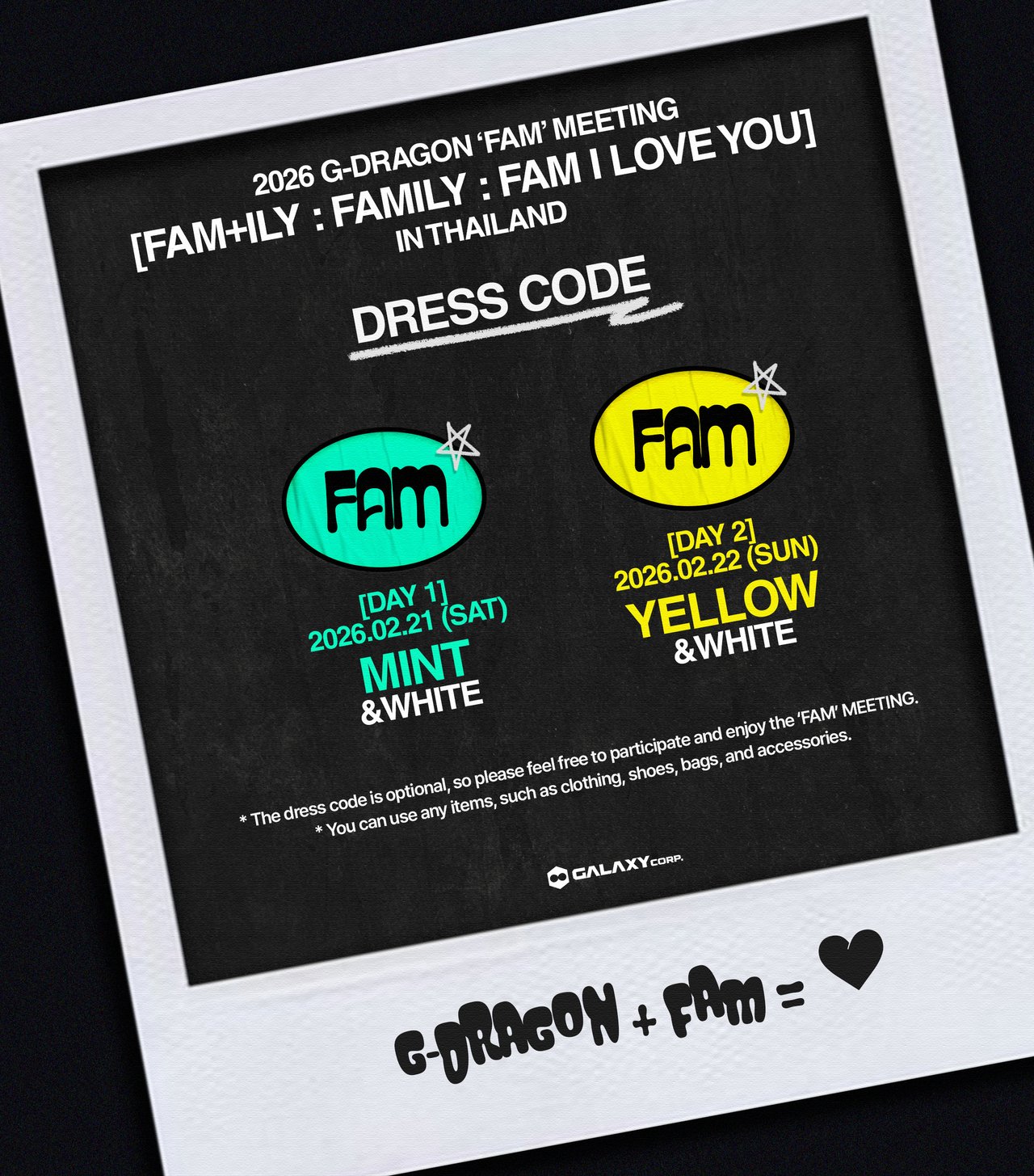2026 G-DRAGON 'FAM' MEETING [FAM+ILY : FAMILY : FAM I LOVE YOU] IN THAILAND DRESS  CODE NOTICE