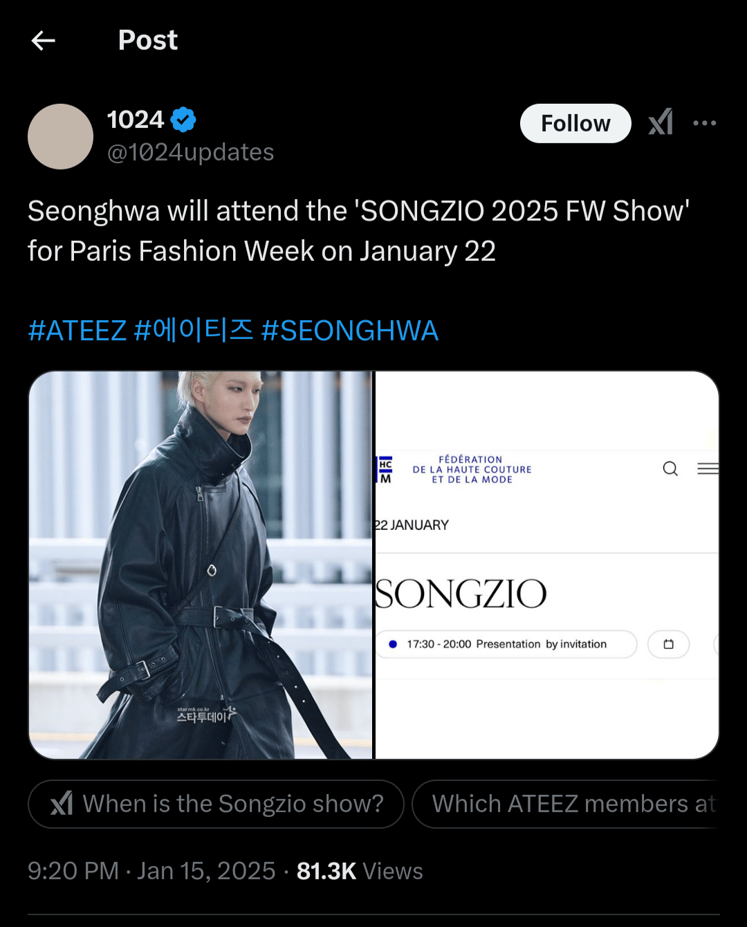 Seonghwa will attend the 'SONGZIO 2025 FW Show' for Paris Fashion