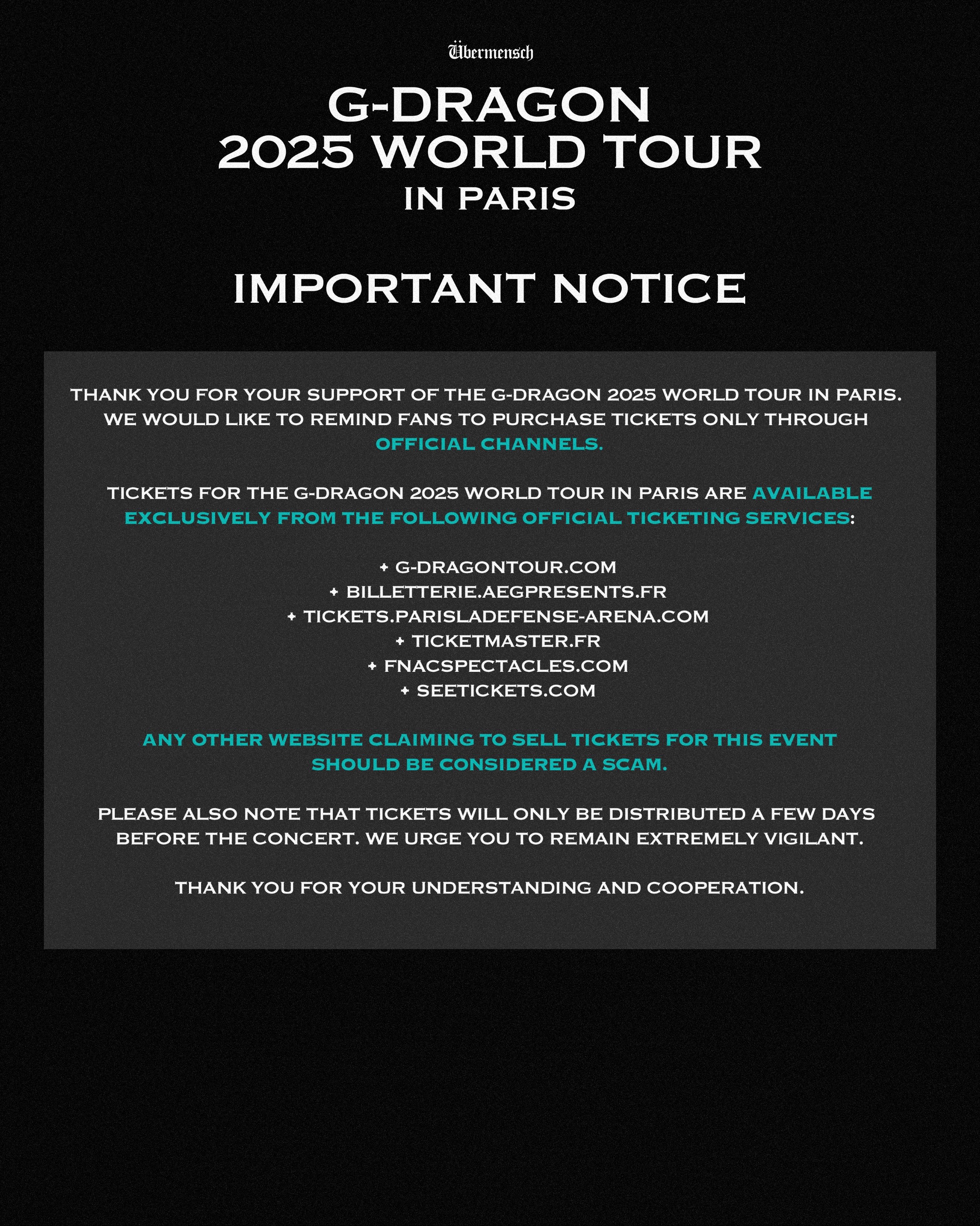 G-DRAGON 2025 WORLD TOUR [Übermensch] IN PARIS IMPORTANT NOTICE